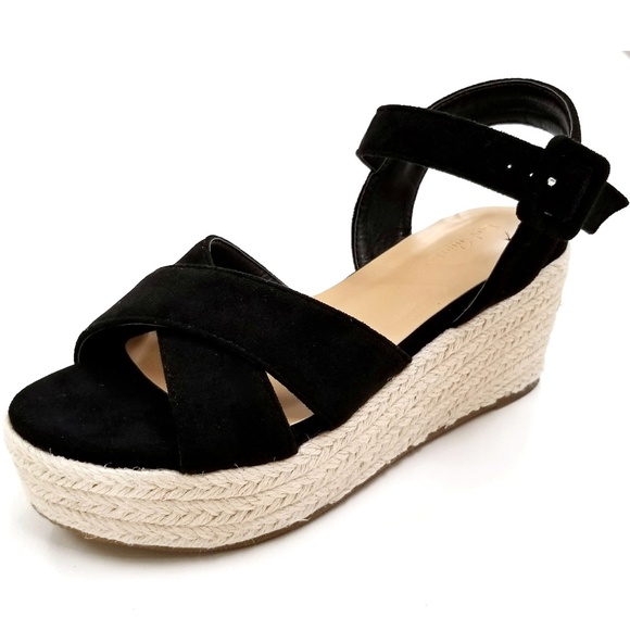 Shoes - New Black Cross Straps Wedge Espadrille Sandals